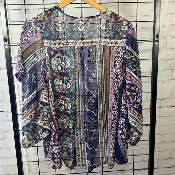 Black Poppy Boho Sheer Peasant Blouse | Small | Purple Multicolor Print - Picture 2 of 6
